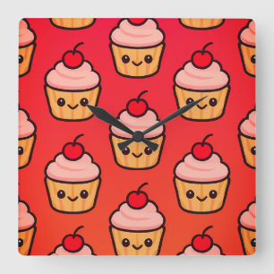 Kawaii Cupcake Grid with Smiling Faces and Cherry  Square Wall Clock