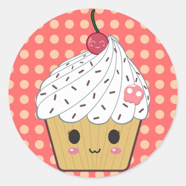 Kawaii Cupcake in Polka Dots Classic Round Sticker (Front)
