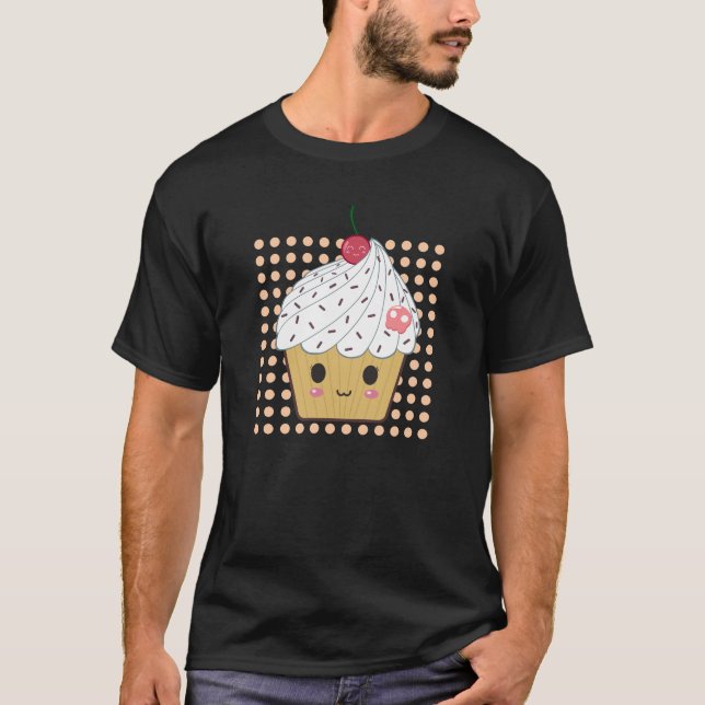 Kawaii Cupcake in Polka Dots T-Shirt (Front)
