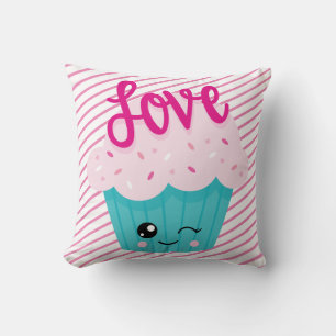 Kawaii Cupcake Love Pink Teal Stripe Cute Girly Throw Pillow