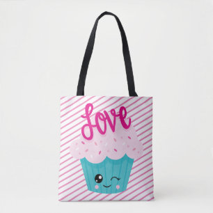 Kawaii Cupcake Love Pink Teal Stripe Cute Girly Tote Bag