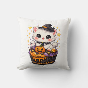 Kawaii Cupcake Witch Kitty Throw Pillow