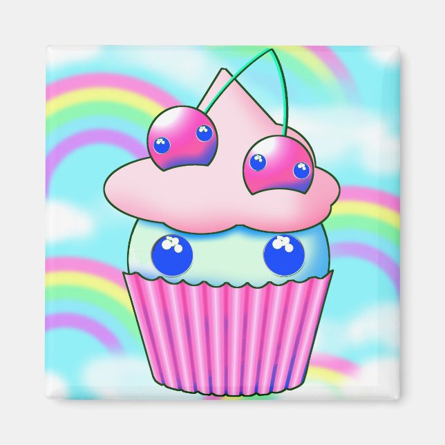 Kawaii cupcake with pink cherries magnet (Front)