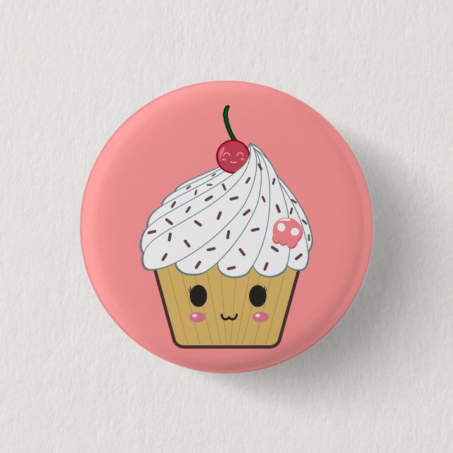 Kawaii Cupcake with Pink Sugar Skull and Cherry 1 Inch Round Button (Front)