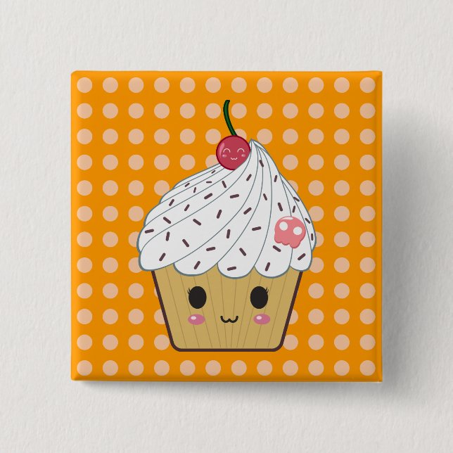 Kawaii Cupcake with Pink Sugar Skull and Cherry 2 Inch Square Button (Front)