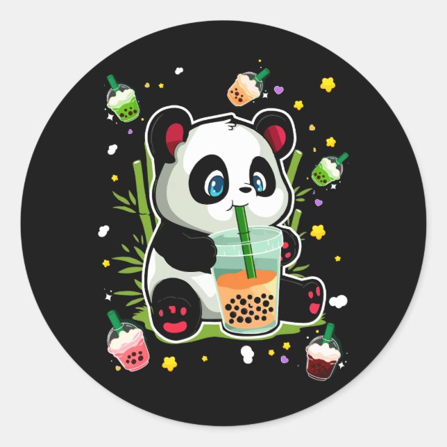 Kawaii Cute Anime Panda Drinking Bubble Boba Tea M Classic Round Sticker (Front)