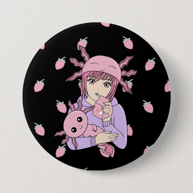 Kawaii Cute Axolotl Strawberry Milk Anime 3 Inch Round Button (Front)