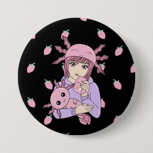 Kawaii Cute Axolotl Strawberry Milk Anime 3 Inch Round Button