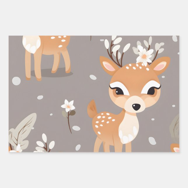 Kawaii Cute Baby Deer Wrapping Paper Sheet (Front)