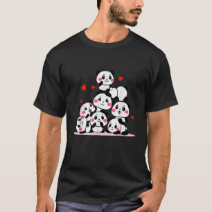 Kawaii Cute Baby Panda Pile with Red Hearts Valent T-Shirt