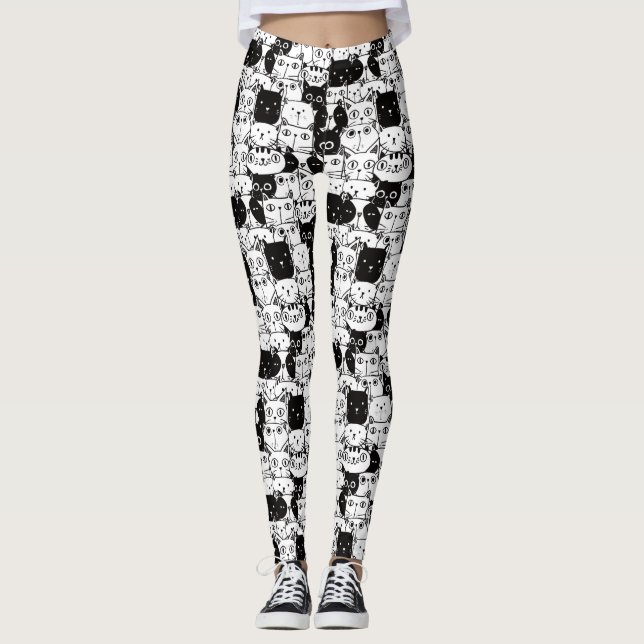 Kawaii Cute Black And White Cat Pattern Leggings (Front)