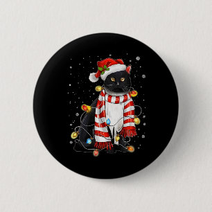 Kawaii Cute Black Cat Santa Tangled Up In Xmas Lig 2 Inch Round Button