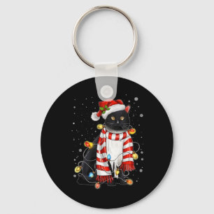 Kawaii Cute Black Cat Santa Tangled Up In Xmas Lig Keychain