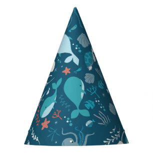 Kawaii Cute Blue Whales and Sea Life. Party Hat