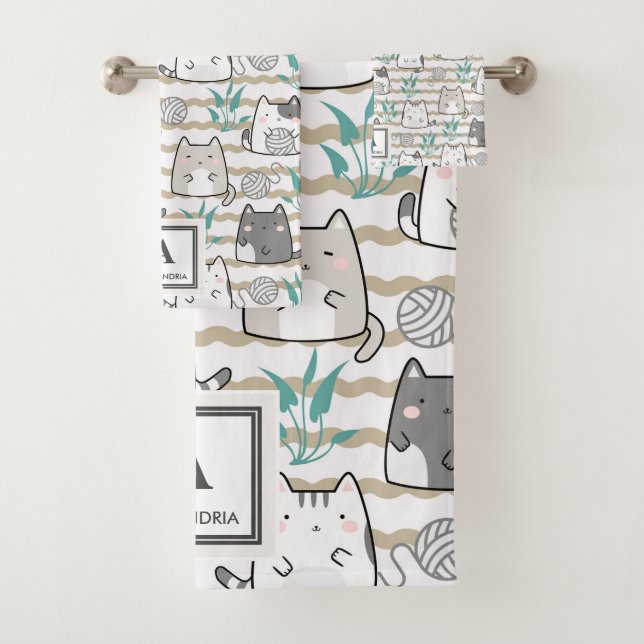 Kawaii Cute Cat Pattern (2) Bath Towel Set (Insitu)