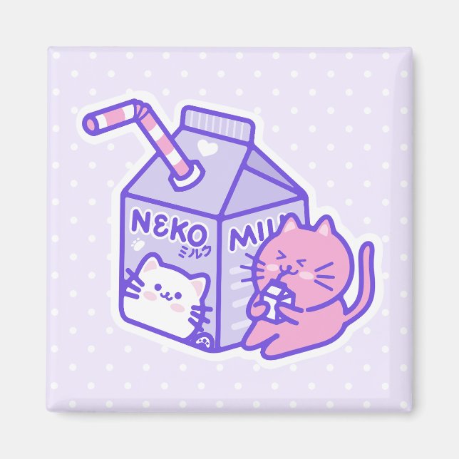 Kawaii Cute Cat with Milk Box Cartoon Magnet (Front)