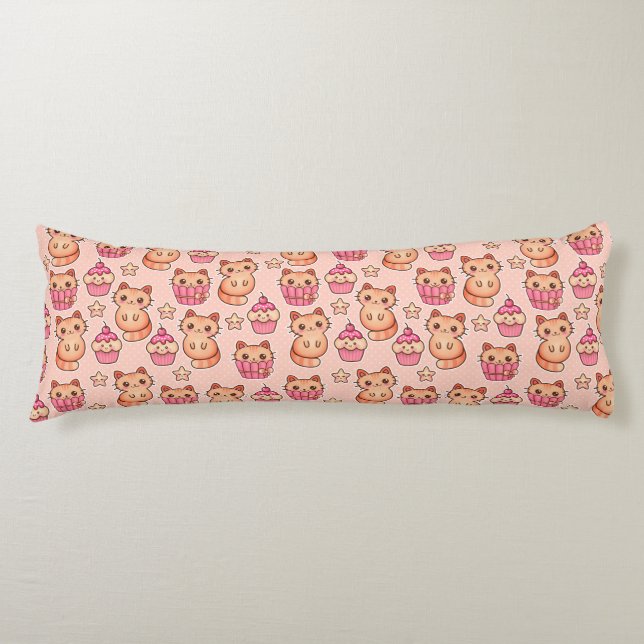 Kawaii Cute Cats and Cupcakes Pink Pattern Body Pillow (Front)