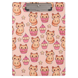 Kawaii Cute Cats and Cupcakes Pink Pattern Clipboard