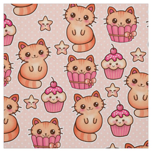 Kawaii Cute Cats and Cupcakes Pink Pattern Fabric (Swatch)