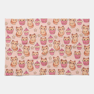 Kawaii Cute Cats and Cupcakes Pink Pattern Kitchen Towel