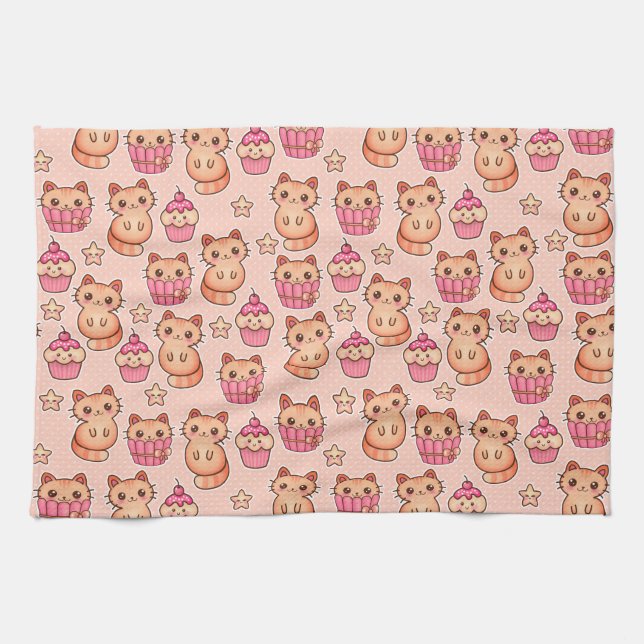 Kawaii Cute Cats and Cupcakes Pink Pattern Kitchen Towel (Horizontal)