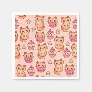 Kawaii Cute Cats and Cupcakes Pink Pattern Napkin