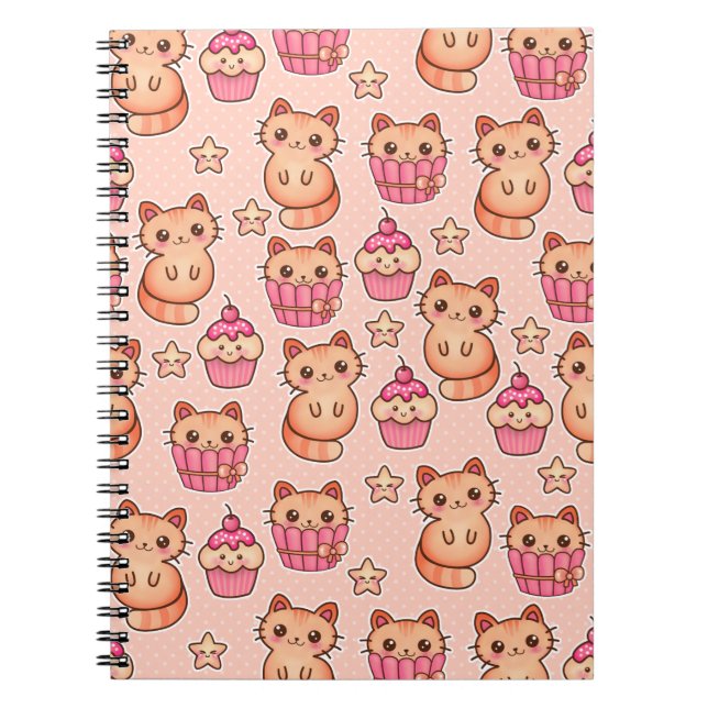 Kawaii Cute Cats and Cupcakes Pink Pattern Notebook (Front)