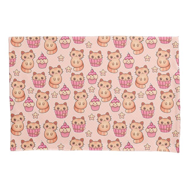 Kawaii Cute Cats and Cupcakes Pink Pattern Pillowcase (Front)