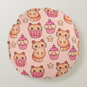 Kawaii Cute Cats and Cupcakes Pink Pattern Round Pillow
