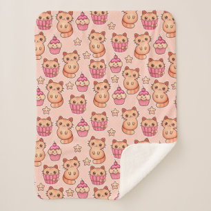 Kawaii Cute Cats and  Cupcakes Pink Pattern Sherpa Blanket