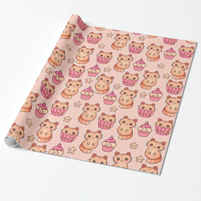Kawaii Cute Cats and Cupcakes Pink Pattern Wrapping Paper (Unrolled)