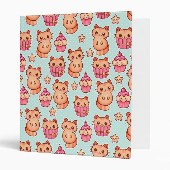 Kawaii Cute Cats Cupcakes Pink and Blue Pattern Binder (Front/Inside)