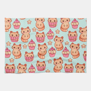 Kawaii Cute Cats Cupcakes Pink and Blue Pattern Kitchen Towel