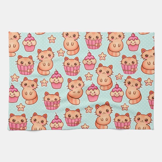 Kawaii Cute Cats Cupcakes Pink and Blue Pattern Kitchen Towel (Horizontal)