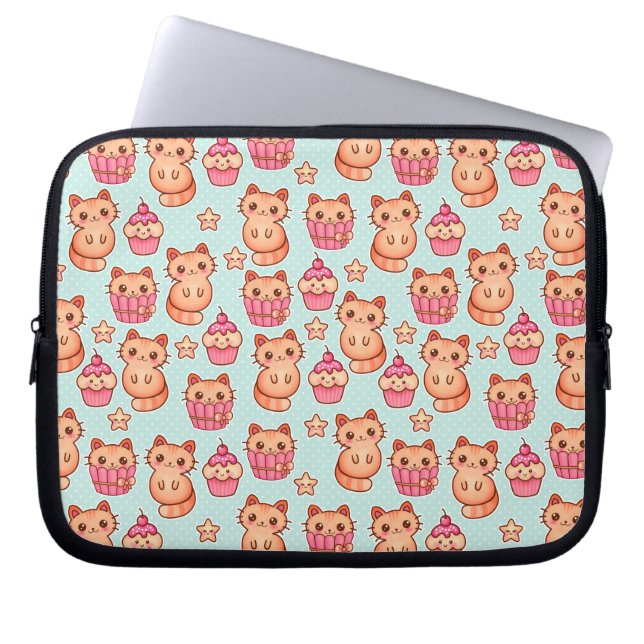 Kawaii Cute Cats Cupcakes Pink and Blue Pattern Laptop Sleeve (Front)