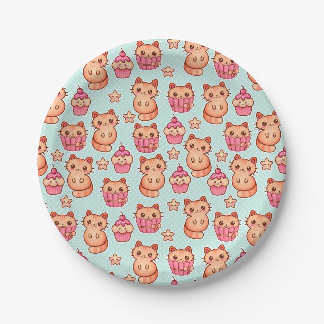 Kawaii Cute Cats Cupcakes Pink and Blue Pattern Paper Plate (Front)