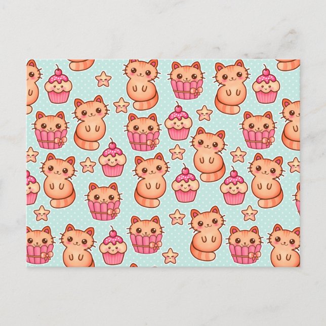 Kawaii Cute Cats Cupcakes Pink and Blue Pattern Postcard (Front)