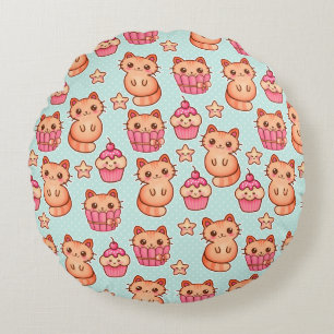 Kawaii Cute Cats Cupcakes Pink and Blue Pattern Round Pillow