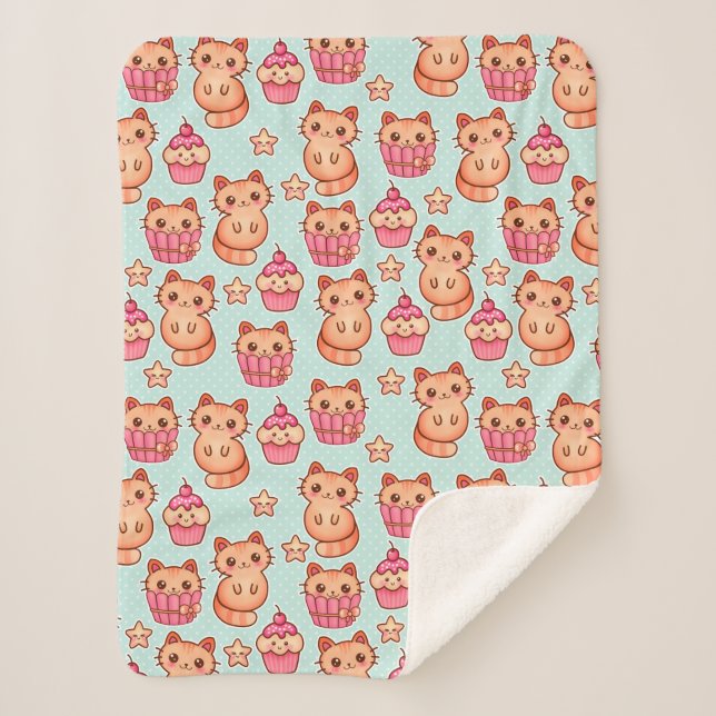 Kawaii Cute Cats Cupcakes Pink and Blue Pattern Sherpa Blanket (Front)