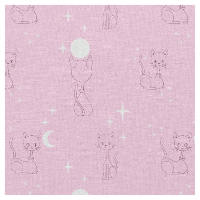 Kawaii Cute Cats Moon Stars Pink Pattern Fabric (Close Up)