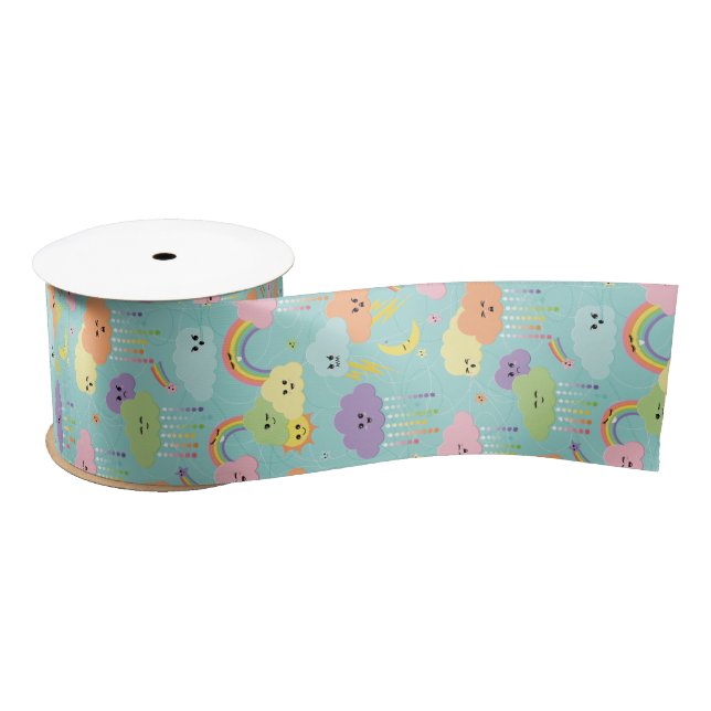 Kawaii Cute Cloud Sun Moon Gender Neutral Pattern Satin Ribbon (Spool)