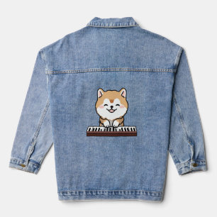 Kawaii Cute Dog Playing Piano Keyboard Denim Jacket