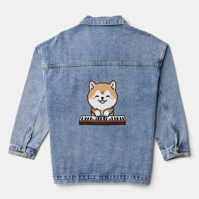 Kawaii Cute Dog Playing Piano Keyboard Denim Jacket (Back)