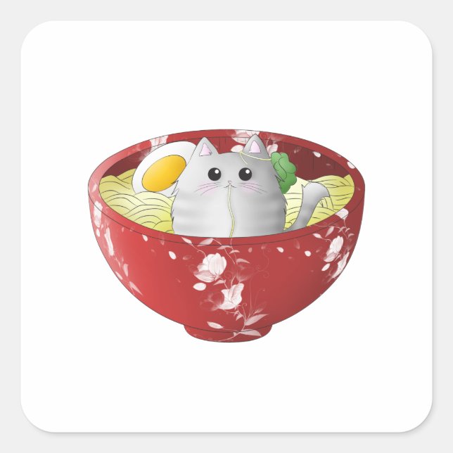 Kawaii cute funny japanese anime cat in a noodles square sticker (Front)