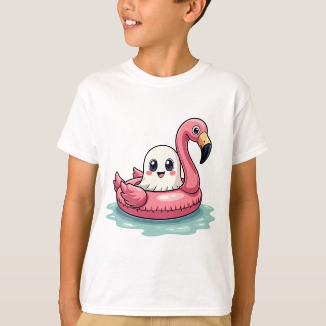 Kawaii Cute Ghost On A Pool Funny Spooky Summer Su T-Shirt (Front)