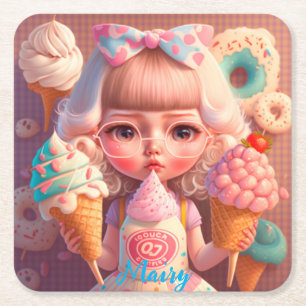 Kawaii cute girl with ice creams square paper coaster