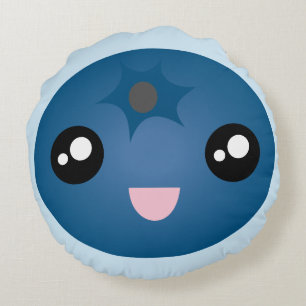 Kawaii Cute Happy Face Blue Berry Emoji Round Pillow