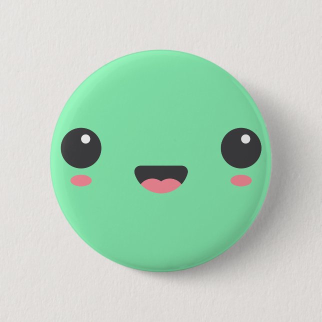 Kawaii, cute happy face, mint green 2 inch round button (Front)