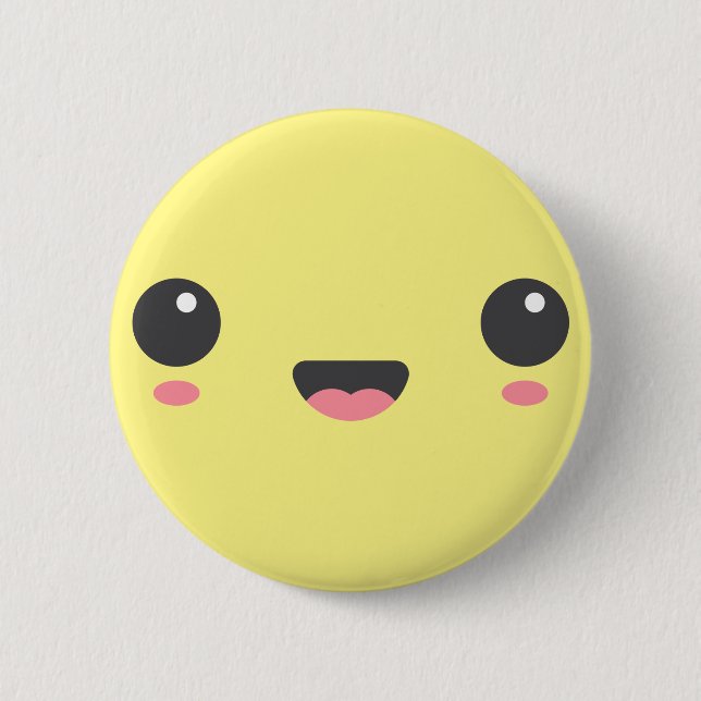 Kawaii, cute happy face, yellow 2 inch round button (Front)