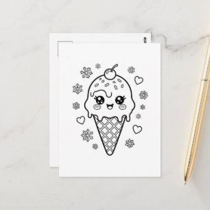Kawaii cute ice cream cone colouring postcard